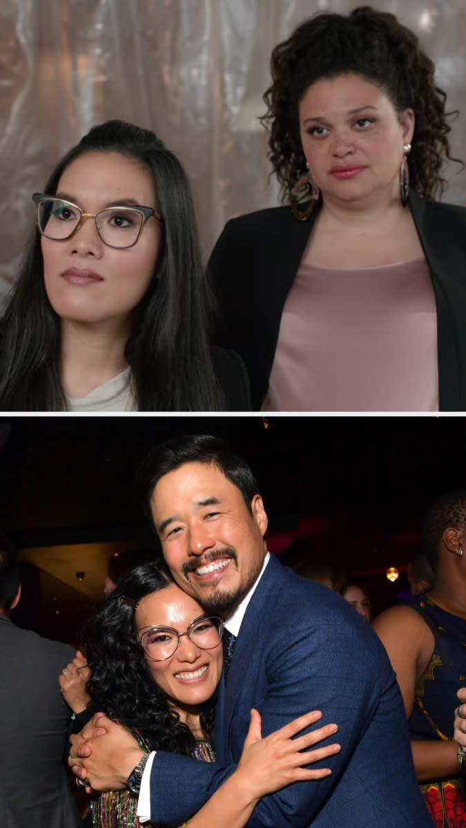 Above, Sasha and Veronica at a tour of Sasha's new restaurant. Below, Wong and Randall hug while posing for a photo