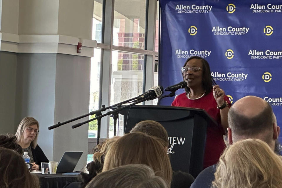 Sharon Tucker speaks at podium on Saturday, April 20, 2024 in Fort Wayne, Ind. Tucker, a Democrat, becomes the first Black mayor of the northeastern Indiana city, The Journal Gazette reported, Saturday. She was elected in the second round of voting during a Democratic caucus when she met the requirement of 50% of the votes plus one.(Devan Filchak /The Journal-Gazette via AP)