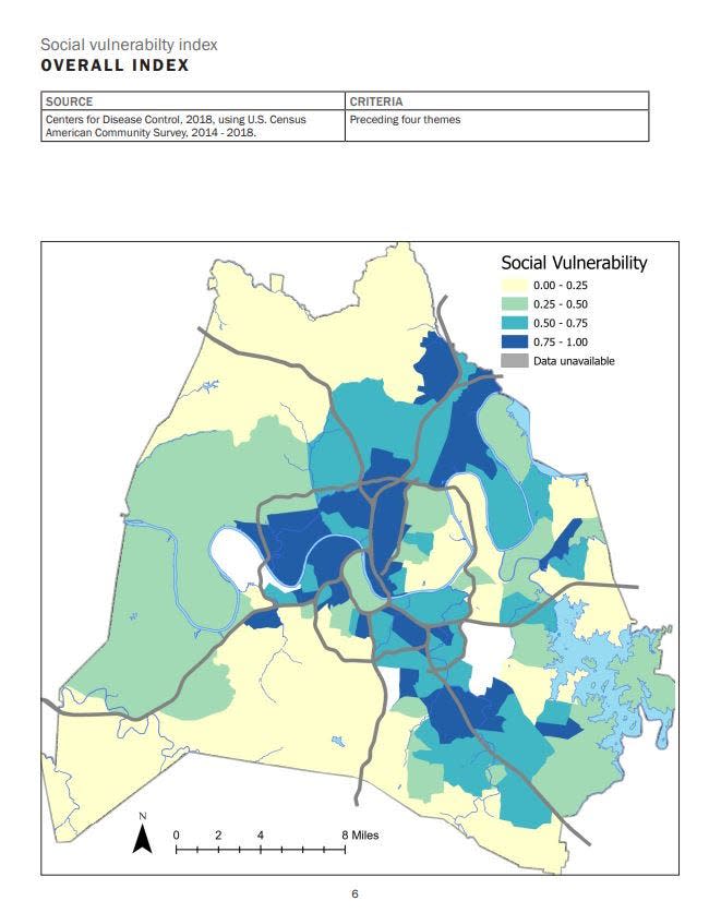 The CDC's Social Vulnerability Index uses U.S. census variables to identify areas most vulnerable in disasters (with the most vulnerable areas shown here in blue).