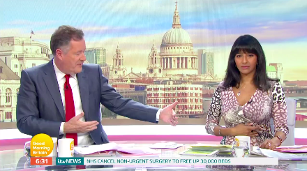 Ranvir Singh and Piers Morgan presented GMB with a table between them to keep them apart. (ITV)