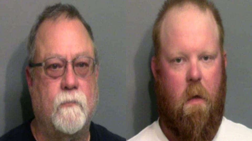 Gregory McMichael (left) and his son, Travis, pose for their respective mugshot photos after being arrested on May 7 in connection with the killing of Ahmaud Arbery in Brunswick, Georgia. Both were each charged with murder and aggravated assault in Arbery’s shooting death. (Photo by Glynn County Sheriff’s Office via Getty Images)