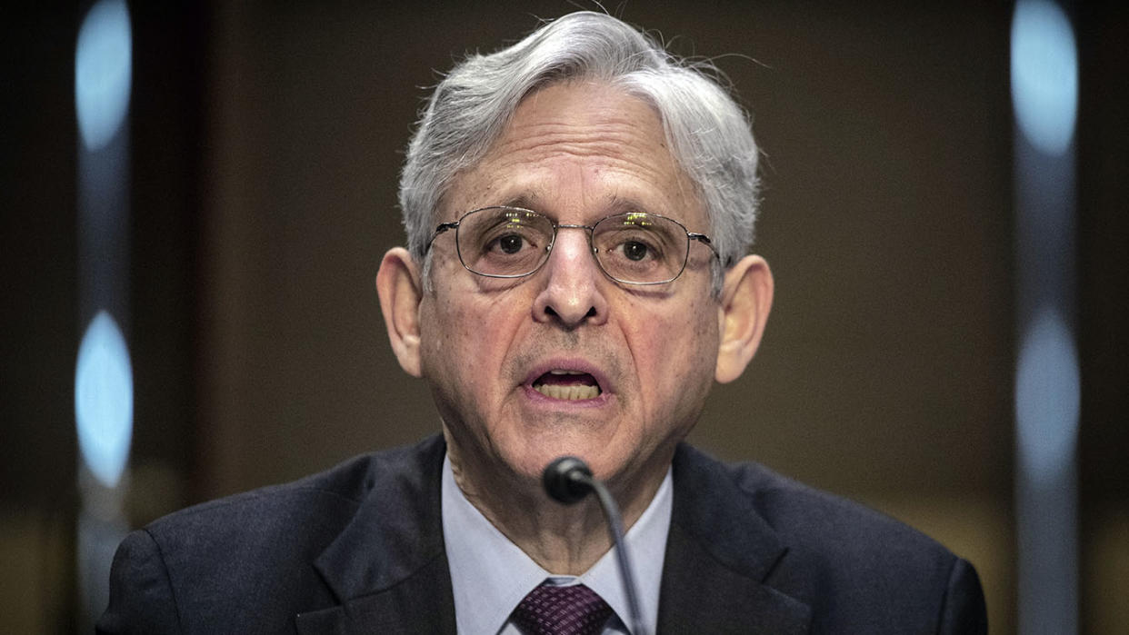 Attorney General Merrick Garland testifies before the Senate Appropriations committee hearing to examine domestic extremism, Wednesday, May 12, 2021 on Capitol Hill in Washington. (Bill O'Leary/The Washington Post/Pool via AP)