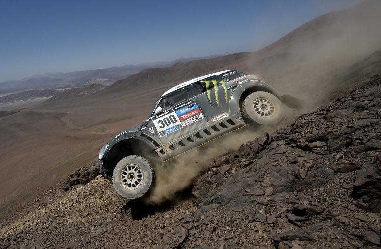 Mini's driver Stephane Peterhansel and co-driver Jean Paul Cottret, both of France, compete during the Stage 11 of the Dakar 2014 between Antofagasta and El Salvador, on January 16, 2014