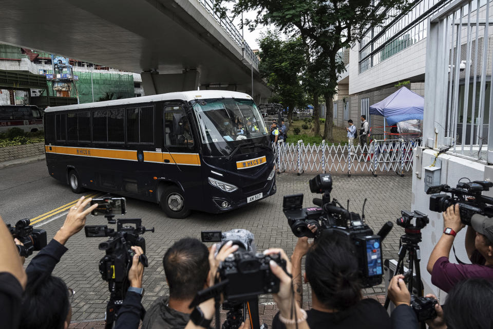 A Correctional Services Department vehicle arrives at the West Kowloon Magistrates' Courts in Hong Kong, Thursday, May 30, 2024. The Hong Kong court on Thursday convicted 14 pro-democracy activists in the city’s biggest national security case under a law imposed by Beijing that has all but wiped out public dissent. (AP Photo/Chan Long Hei)