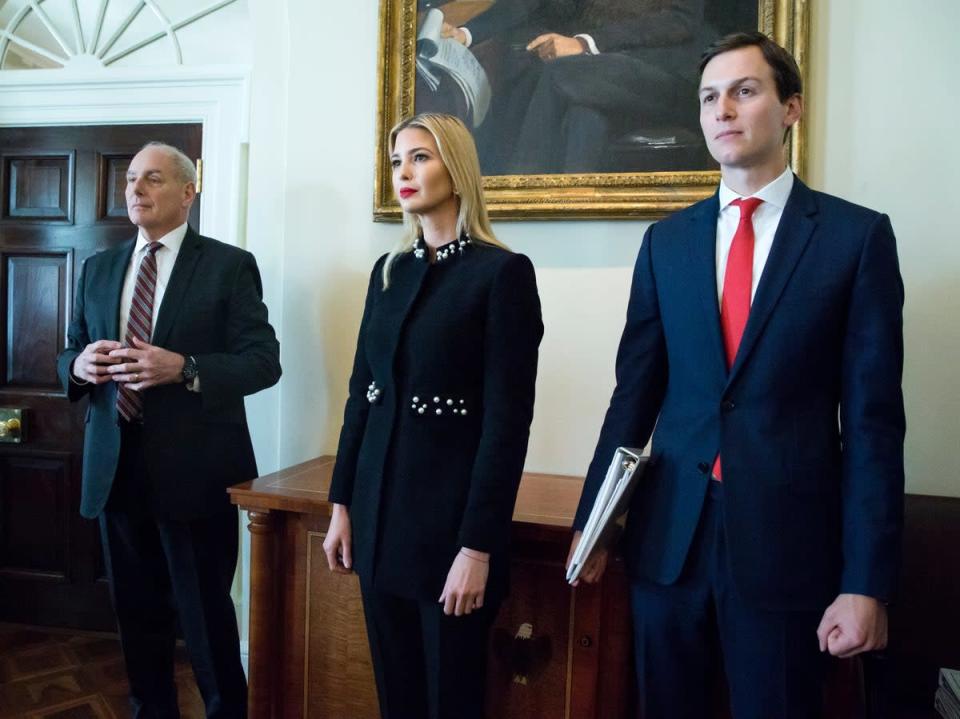 White House Senior Advisor Jared Kushner (R), First daughter Ivanka Trump (C) and White House Chief of Staff John Kelly (L) attend a meeting held by US President Donald J. Trump (Getty Images)