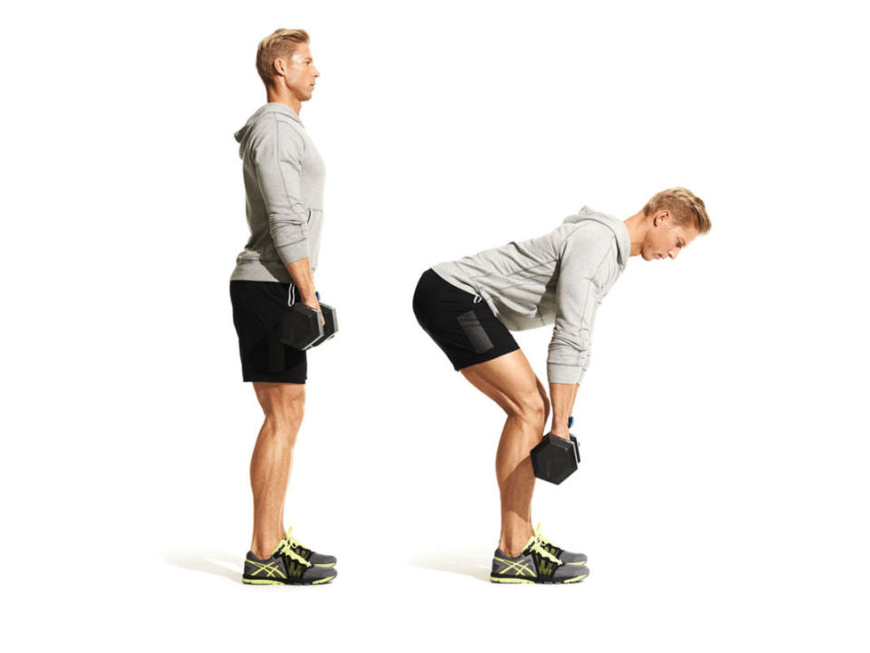 How to do it:<ol><li>Grasp two dumbbells and hold them with feet set hip-width apart. </li><li>Keeping your lower back in its natural arch, bend hips back, your torso forward, and lower yourself until you feel a stretch in your hamstrings. </li><li>You may bend at the knees. Squeeze your glutes at the top of the movement after coming back up.</li></ol>Pro tip:<p>Contract your glutes as you return to starting position. This should keep the strain off of your lower back.</p>Variation:<p>This move is a variation of the traditional deadlift, done with a barbell or kettlebell as well. There's also a single-leg version, where you hold a dumbbell in each hand at your sides and lean forward while lifting one leg straight behind you. As your chest comes forward, the dumbbells should shift from your sides to directly over your planted foot.</p><p>Return to starting position by lowering your back leg as you come up and returning the dumbbells to your sides.</p>