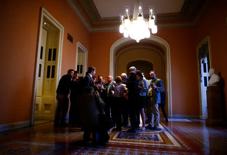 U.S. Sen. Lindsay Graham speaks to reporters outside the Senate chamber on Capitol Hill in Washington, U.S. February 7, 2018. REUTERS/Eric Thayer