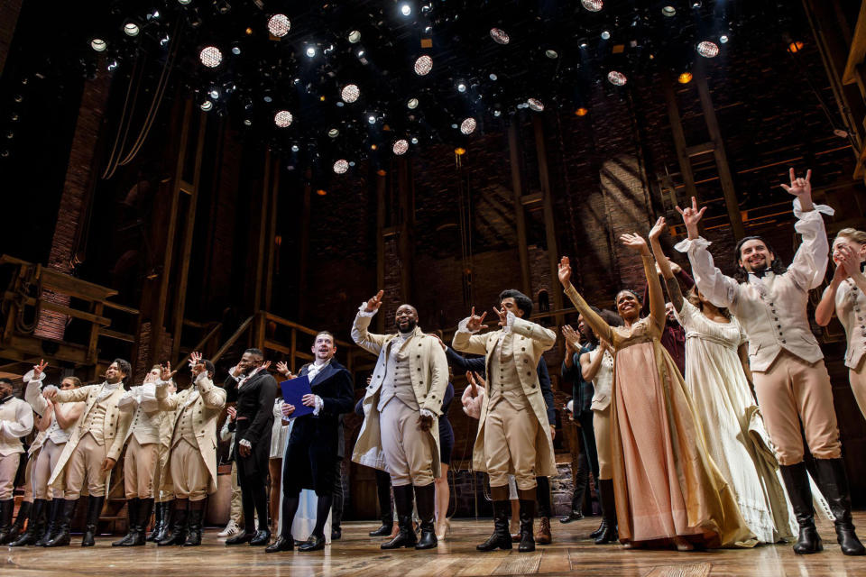 Miguel Cervantes and the cast of "Hamilton" take a curtain call after the final production of the show in Chicago on Jan. 5, 2020, at the CIBC Theatre. (Brian Cassella/Chicago Tribune/Tribune News Service via Getty Images)