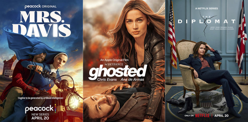 This combination of images shows promotional art for "Mrs. Davis," a series premiering April 20 on Peacock, left, "Ghosted," a film premiering April 21 on Apple TV+, venter, and "The Diplomat," a series premiering April 20 on Netflix. (Peacock/Apple TV+/Netflix via AP)