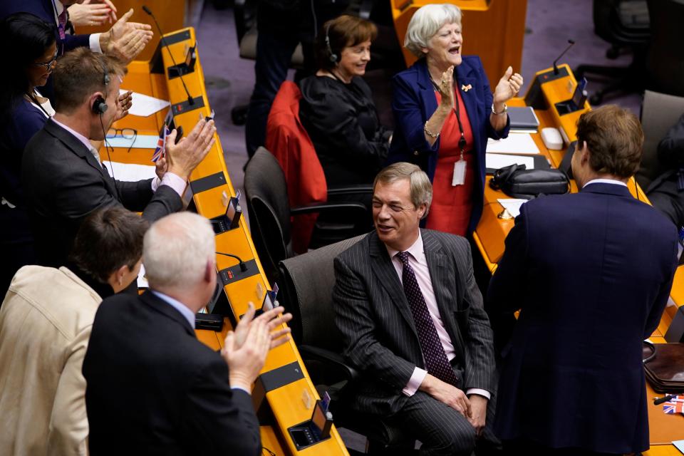 Britain's Brexit Party leader Nigel Farage (C) reacts  during a European Parliament plenary session in Brussels on January 29, 2020, as Brexit Day is to be set in stone when the European Parliament casts a vote ratifying the terms of Britain's divorce deal from the EU. (Photo by Kenzo TRIBOUILLARD / AFP) (Photo by KENZO TRIBOUILLARD/AFP via Getty Images)