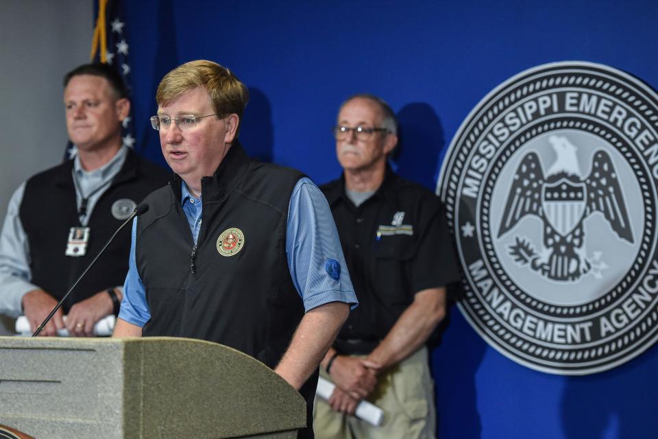 Mississippi Gov. Tate Reeves speaks at a press conference regarding Jackson's ongoing water crisis at Mississippi Emergency Management Agency (MEMA) in Pearl, Miss., Wednesday, Aug. 31, 2022. (Hannah Mattix/The Clarion-Ledger via AP)