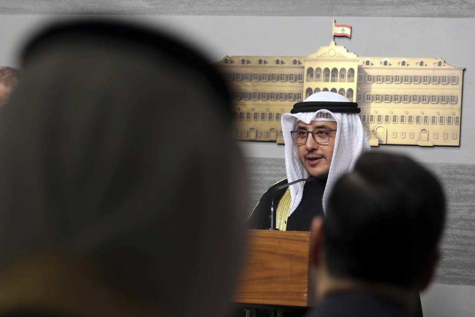 Kuwaiti Foreign Minister Sheikh Ahmad Nasser al-Mohammad al-Sabah, right, speaks during a joint press conference with his Lebanese counterpart Abdallah Bouhabib, in Beirut, Lebanon, Saturday, Jan. 22, 2022. (AP Photo/Bilal Hussein)