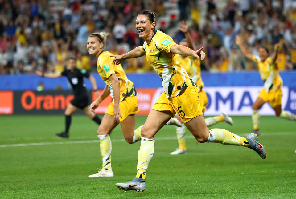 Emily Gielnik of Australia celebrates after her team's first goal during the 2019 FIFA Women's World Cup France Round Of 16 match between Norway and Australia at Stade de Nice on June 22, 2019 in Nice, France. (Photo by Martin Rose/Getty Images )