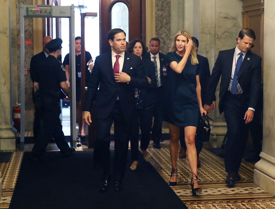 Ivanka Trump walks with Sen. Marco Rubio (R-FL), to a meeting with senators regarding paid family leave, at U.S. Capitol on June 20, 2017 in Washington, D.C.