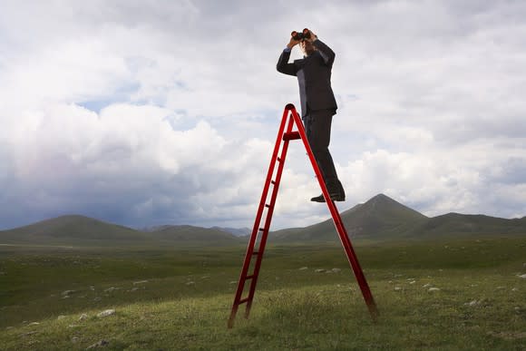 Person in business suit on a ladder looking forward.