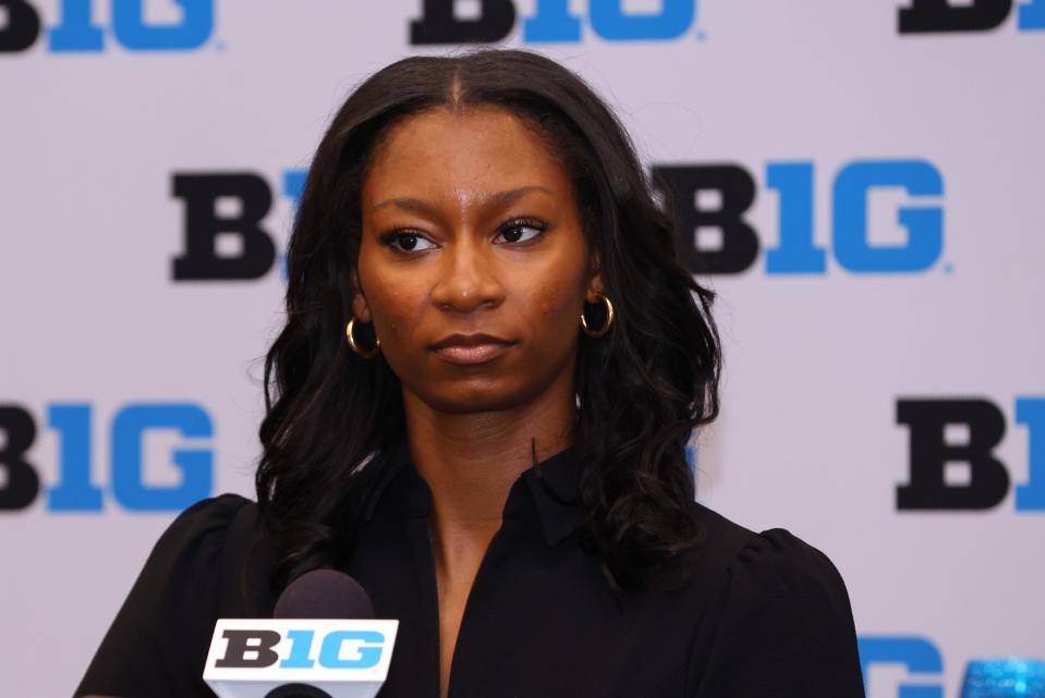 Oct 2, 2024; Rosemont, IL, USA; Indiana guard Chloe Moore-McNeil takes a question at the podium during the 2024 Big Ten Women’s Basketball media day at Donald E. Stephens Convention Center. Mandatory Credit: Melissa Tamez-Imagn Images