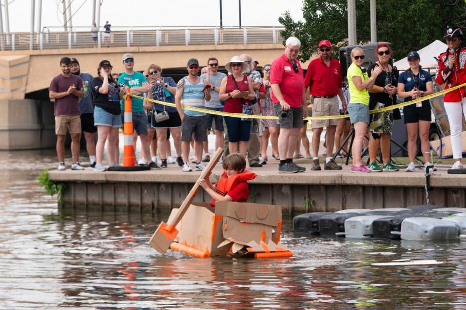 The Cardboard Regatta took place on Sunday afternoon at the Wichita Riverfest. Contestants were given 90 minutes to construct a vessel using only the items they were given: cardboard, duct tape, pool noodles and a box cutter. The contestants were then timed to see how fast they made it to the finish line. Several boats sunk quickly.