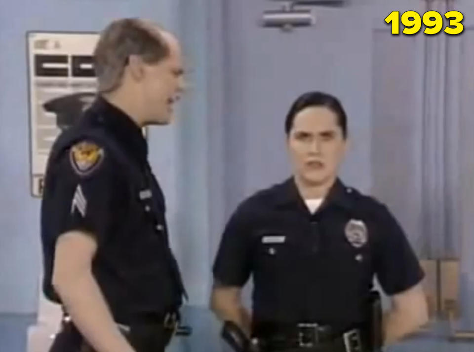 Molly and Jim Carrey dressed as cops in "In Living Color"