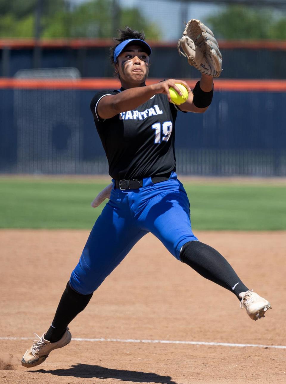 Capital Christian pitcher Ayla Tuua had 13 strikeouts during the Sac-Joaquin Section D III softball championship game with Oakdale at Cosumnes River College in Sacramento, Calif., Saturday, May 25, 2024.