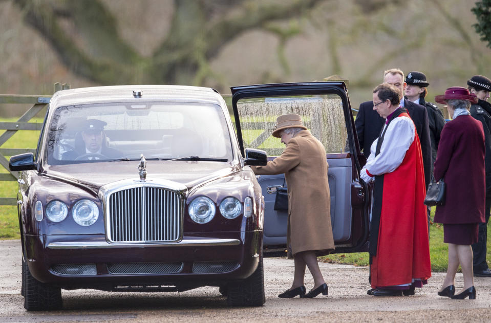 Britain's Queen Elizabeth II leaves after attending a morning church service at St Mary Magdalene Church in Sandringham, England, Sunday Jan. 12, 2020. Prince Harry and his wife Meghan have declared they will “work to become financially independent” as part of a surprise announcement saying they wish "to step back" as senior members of the royal family. (Joe Giddens/PA via AP)