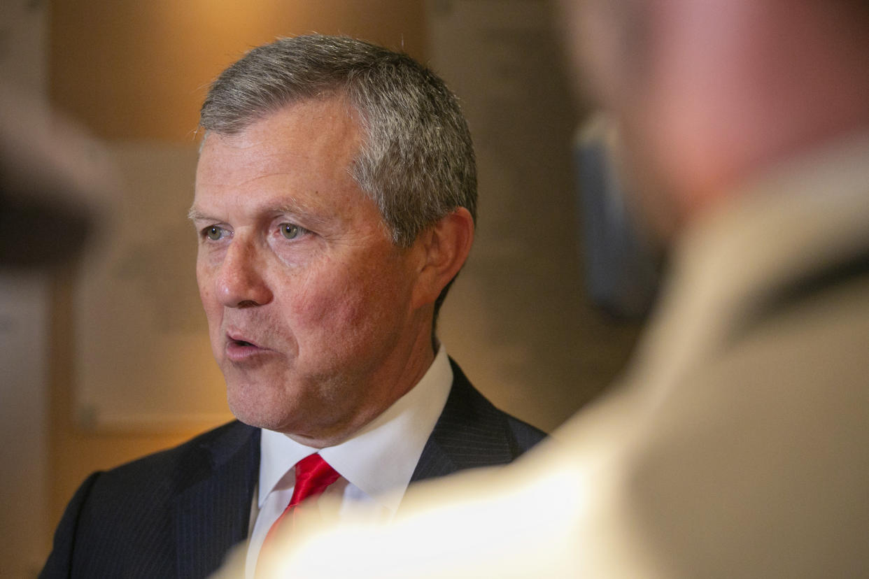 FILE - Republican candidate for Michigan governor Kevin Rinke answers questions from reporters after the Republican gubernatorial primary debate in Grand Rapids, Mich., Wednesday, July 6, 2022. Several little-known conservatives are in a tight Republican primary for Michigan governor, with no clear frontrunner to try to oust first-term Democratic Gov. Gretchen Whitmer in November 2022. None of the five GOP candidates seeking the party's nomination, Tuesday, Aug. 2, 2022, has been elected to public office before. (Daniel Shular/The Grand Rapids Press via AP, File)