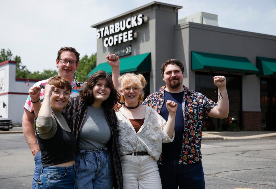 Starbucks workers (from left) Liz Akers, Bryan Gaskey, Dani Harris, Sarah Sproull, and Johnie Tindle at the location near Glenstone Avenue and Cherry Street filed for unionization, joining a wave of stores of the coffee chain unionizing in recent months.