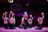 LONDON, ENGLAND - AUGUST 1: A timeout performance during the game of Croatia against the Czech Republic during Women's Basketball Game on Day 5 of the London 2012 Olympic Games at the Olympic Park Basketball Arena on August 1, 2012 in London, England. NOTE TO USER: User expressly acknowledges and agrees that, by downloading and/or using this Photograph, user is consenting to the terms and conditions of the Getty Images License Agreement. Mandatory Copyright Notice: Copyright 2012 NBAE (Photo by Garrett W. Ellwood/NBAE via Getty Images)