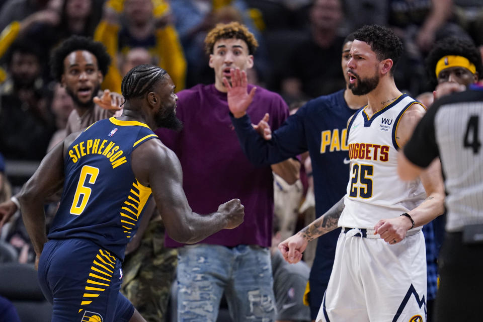 Denver Nuggets guard Austin Rivers and Indiana Pacers guard Lance Stephenson