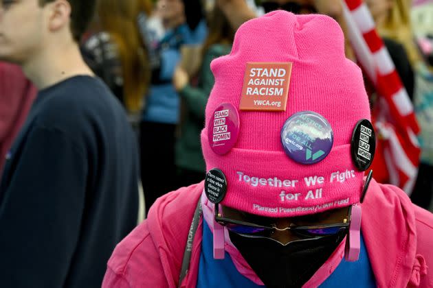A detail of a protester's hat is seen at the Washington, D.C., event. (Photo: Shannon Finney via Getty Images)