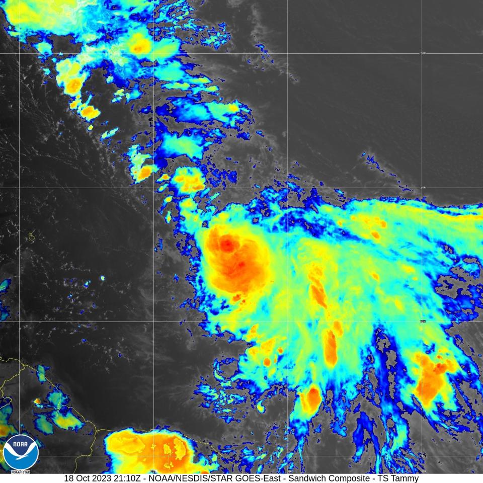 Satellite imaging shows Tropical Storm Tammy on Wednesday, Oct. 18, 2023.