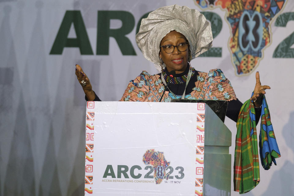 Chenzira Kahina, former president at the Caribbean studies association, speaks at the Africa Union reparation conference held in Accra, Ghana, Thursday, Nov. 16, 2023. A Global Reparation Fund will be set up to push for overdue compensation for millions of Africans enslaved centuries ago during the transatlantic slave trade, according to resolutions reached by delegates at the summit. (AP Photo/ Misper Apawu)