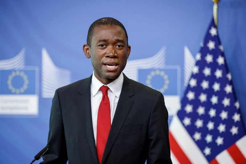 EU Commissioner McGuinness and U.S. Deputy Secretary of the Treasury Adeyemo give a joint news conference, in Brussels