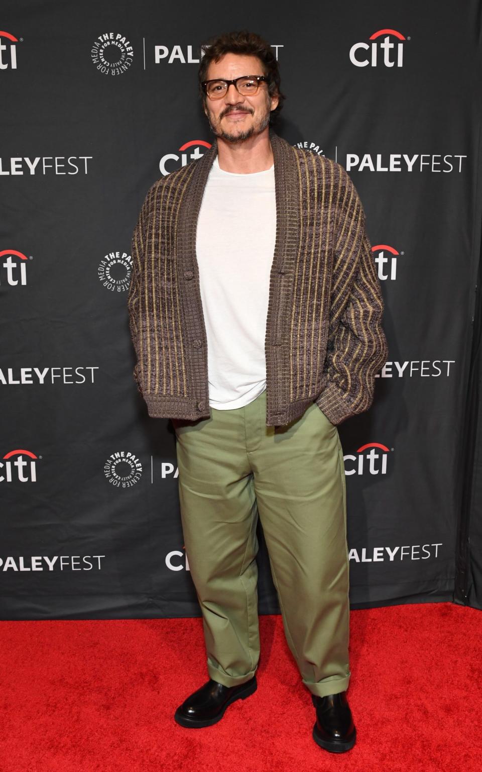 Pedro Pascal wearing a cardigan and khaki trousers combo at PaleyFest LA 2023 – "The Mandalorian" - Getty 