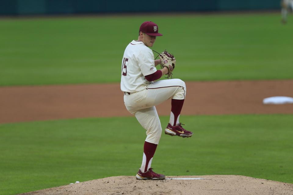 FSU pitcher Parker Messick allowed two runs over five innings in the Seminoles' win against Boston College on April 16, 2021.