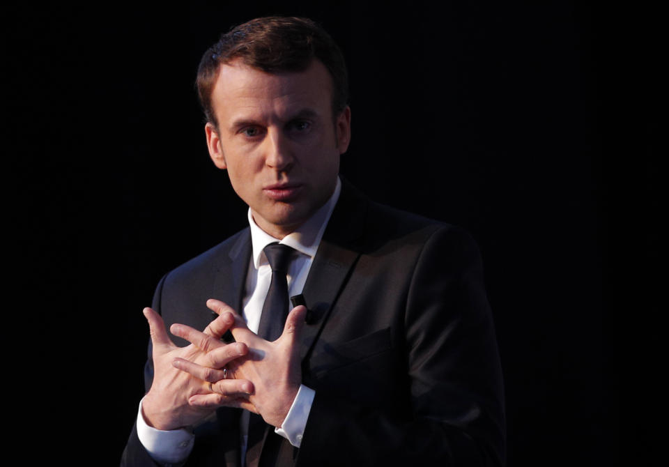 Independent centrist presidential candidate Emmanuel Macron addresses the media during a press conference held in Paris, Thursday, March 2, 2017. With just 52 days left before French voters choose their president, the man leading polls is only now releasing his campaign platform. (AP Photo/Christophe Ena)