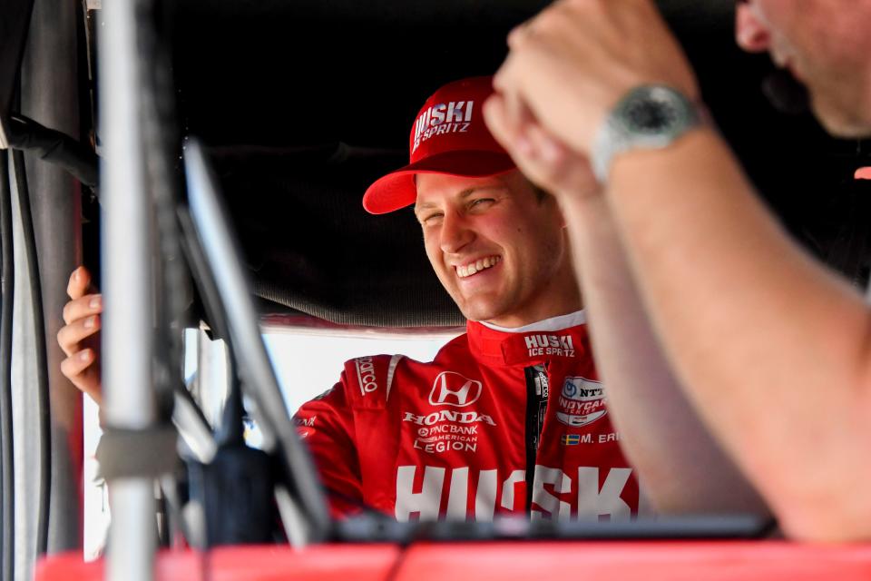 Chip Ganassi Racing driver Marcus Ericsson (8) laughs in his pit box Sunday, May 21, 2023, during the second day of qualifying ahead of the 107th running of the Indianapolis 500 at Indianapolis Motor Speedway. 