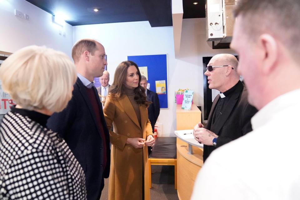 The Duke and Duchess of Cambridge meeting Pastor Mick Fleming during a visit to the Church on the Street in Burnley