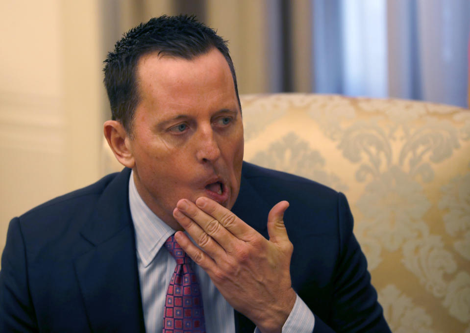 U.S President Donald Trump's envoy for the Kosovo-Serbia dialogue, Ambassador Richard Grenell gestures during a meeting with Serbian President Aleksandar Vucic in Belgrade, Serbia, Friday, Jan. 24, 2020. Grenell is meeting Serbian President Vucic in order to move the dialogue and normalize relations between the two sides.(AP Photo/Darko Vojinovic)