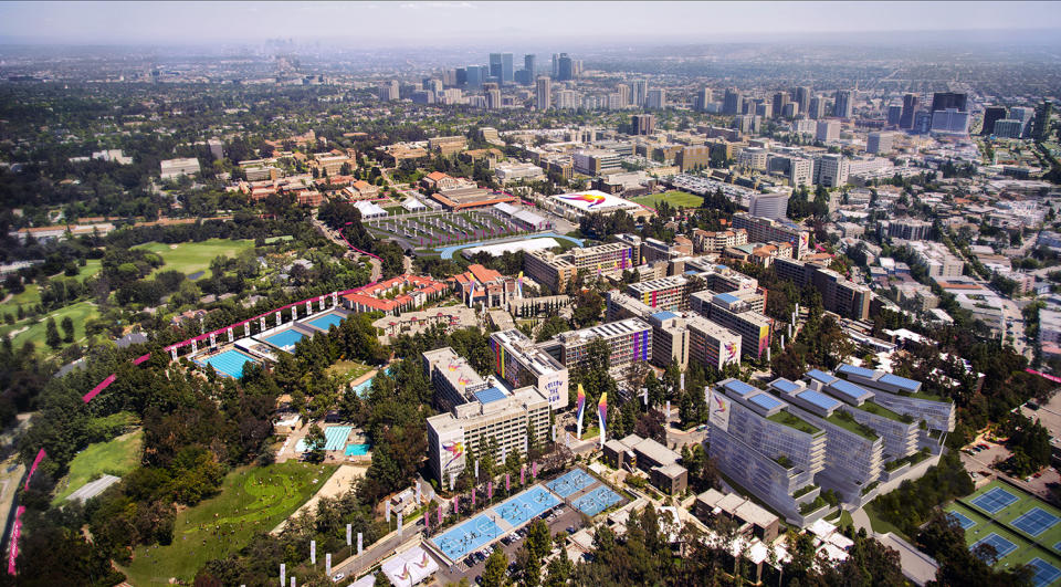 <p>Aerial view of the UCLA campus looking East with Downtown and Westwood in the distance. (Photo: Courtesy LA 2024) </p>