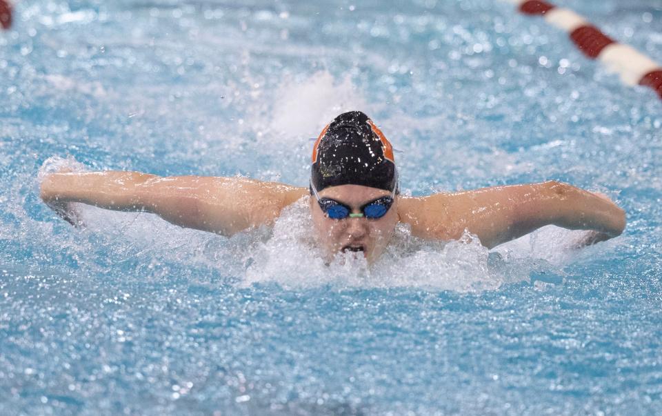 Marlington's Leah Guess competes in the 100 yard butterfly at the OHSAA Division II state high school swimming finals Friday, Feb. 23, 2024, at C.T. Branin Natatorium in Canton, Ohio.