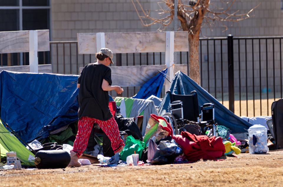 A person is seen at a homeless encampment on March 3, 2022, in downtown Oklahoma City.