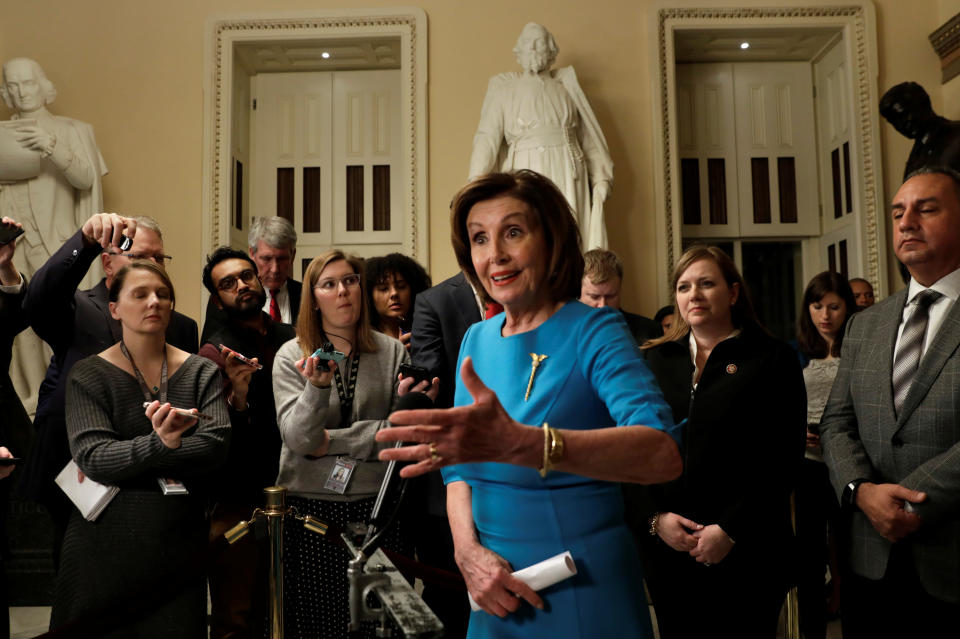 House Speaker Nancy Pelosi (D-CA) speaks to the media about a coronavirus economic aid package on Capitol Hill in Washington, U.S., March 13, 2020. REUTERS/Yuri Gripas