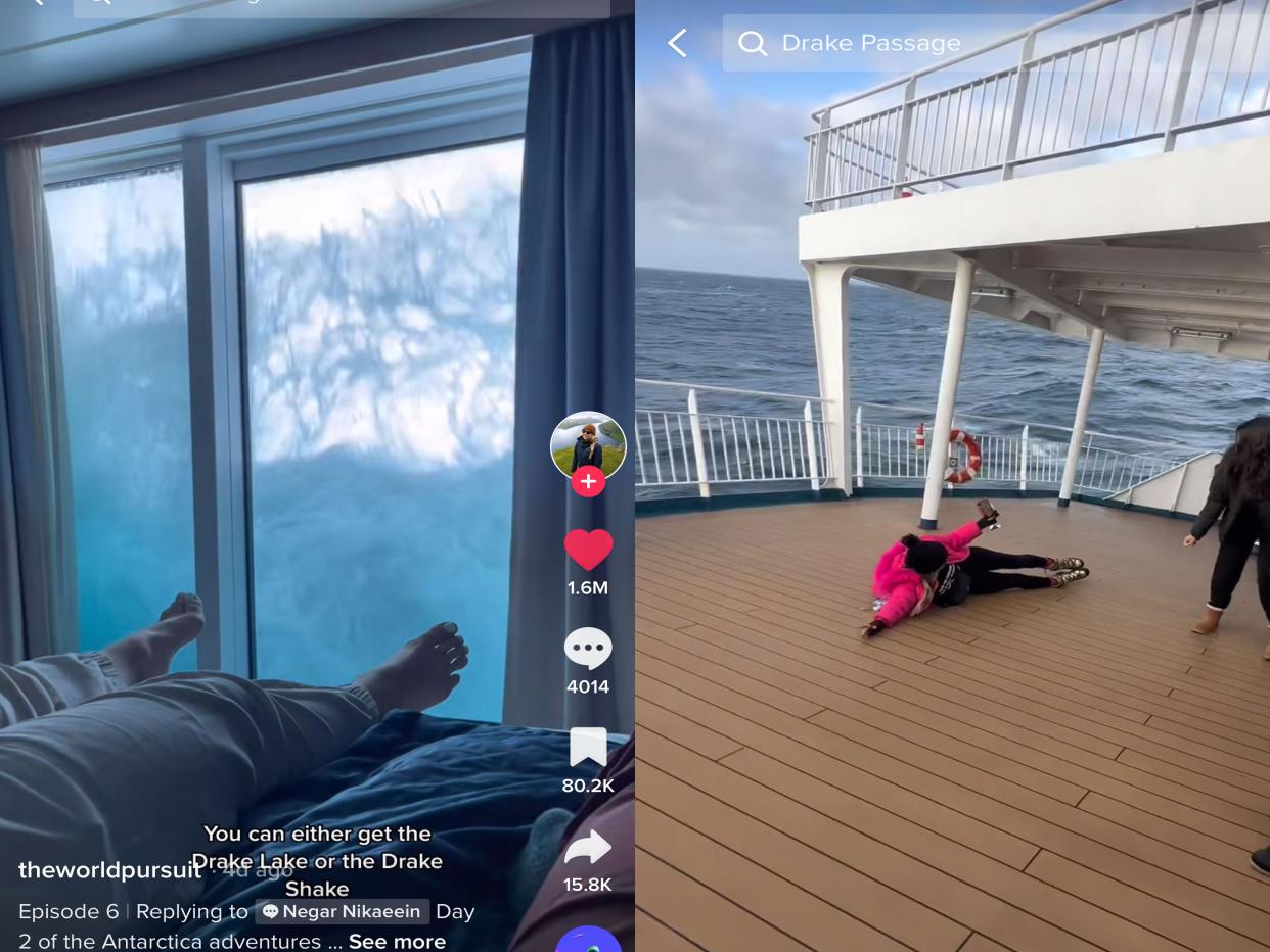 composite image of screenshots from tiktok, one showing a wave crashing against a glass door and another of a person sliding sideways across a ship deck