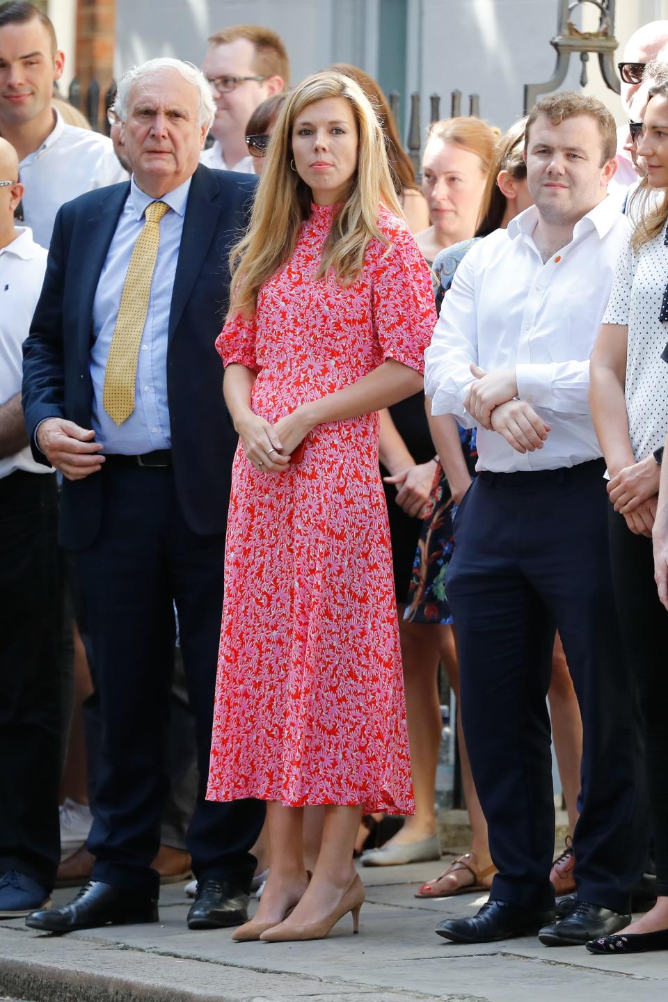 Carrie Symonds wearing a Ghost dress on Downing Street [Photo: Getty]