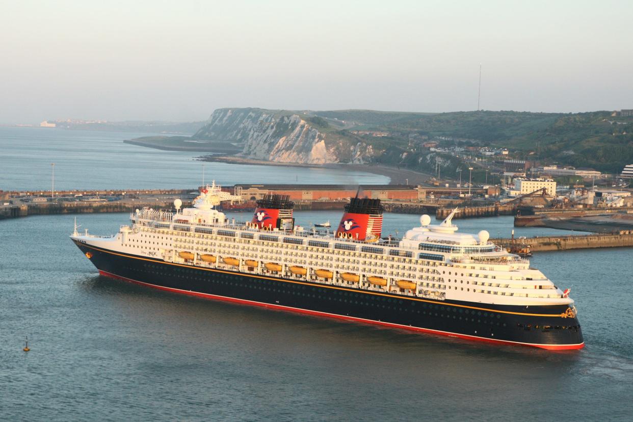 Disney's first cruise ship, the Disney Magic, passes the White Cliffs of Dover in England.