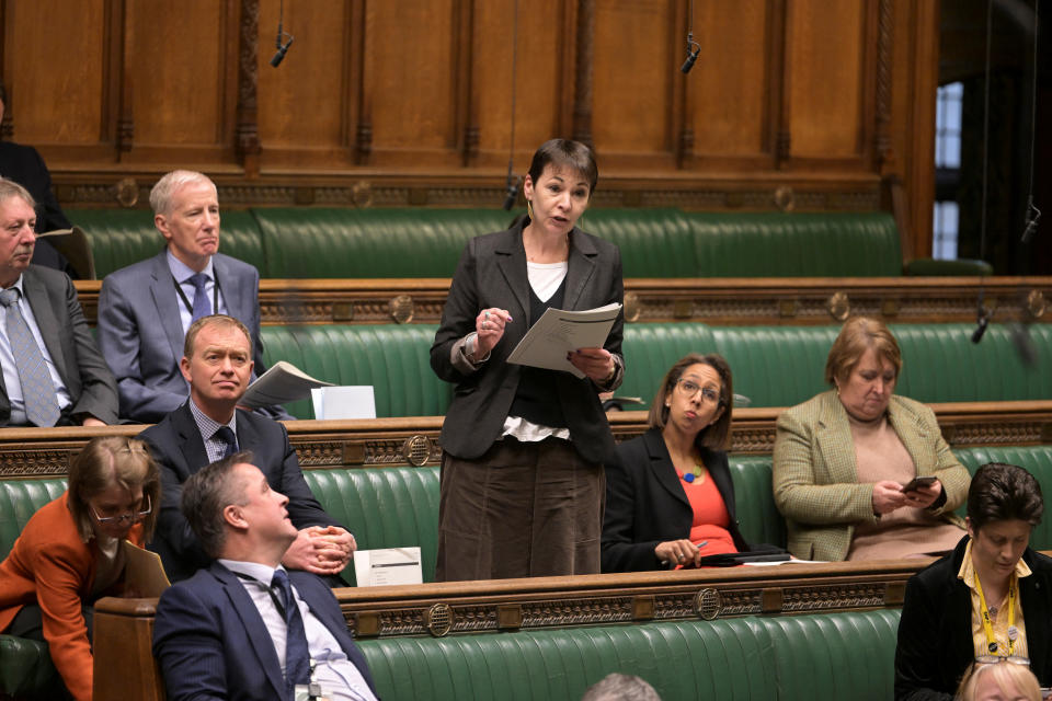 Caroline Lucas MP speaks during Oral Questions for the Department for Energy Security and Net Zero at the House of Commons in London, Britain, February 28, 2023. UK Parliament/Jessica Taylor/Handout via REUTERS THIS IMAGE HAS BEEN SUPPLIED BY A THIRD PARTY. MANDATORY CREDIT. IMAGE MUST NOT BE ALTERED