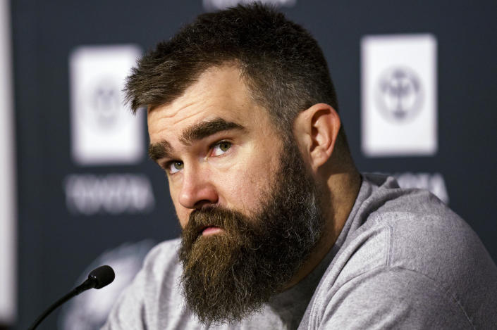 Philadelphia Eagles center Jason Kelce talks to the media before an NFL football workout, Thursday, Jan. 26, 2023, in Philadelphia. The Eagles are scheduled to play the San Francisco 49ers Sunday in the NFC championship game.(AP Photo/Chris Szagola)