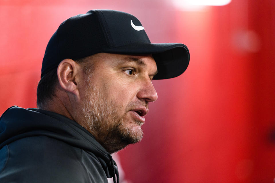 BRIDGEVIEW, IL - OCTOBER 20: Rory Dames head coach of the Chicago Red Stars is interviewed by the media during a game between Portland Thorns FC and Chicago Red Stars at SeatGeek Stadium on October 20, 2019 in Bridgeview, Illinois. (Photo by Daniel Bartel/ISI Photos/Getty Images).