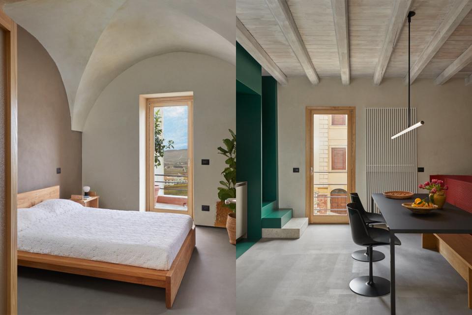 A bedroom and kitchen inside the 1 Euro House in Sambuca, Sicily