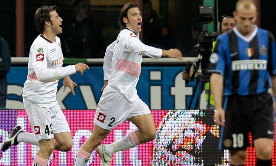 Palermo’s Cristian Zaccardo (centre) celebrates with his teammate Andrea Barzagli after scoring against Internazionale in April 2007